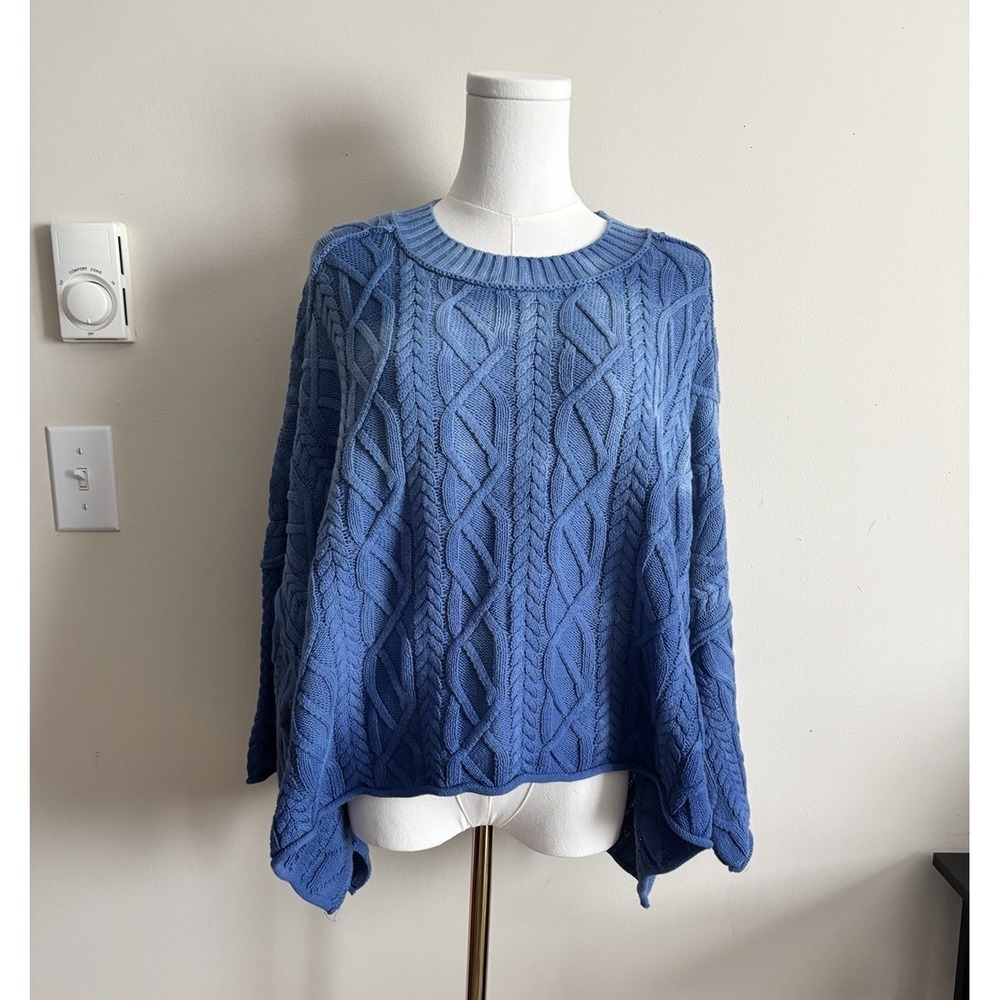 NWT Free People Washed Ashore Sweater Blue Chunky Cable‎ Knit Oversized Medium